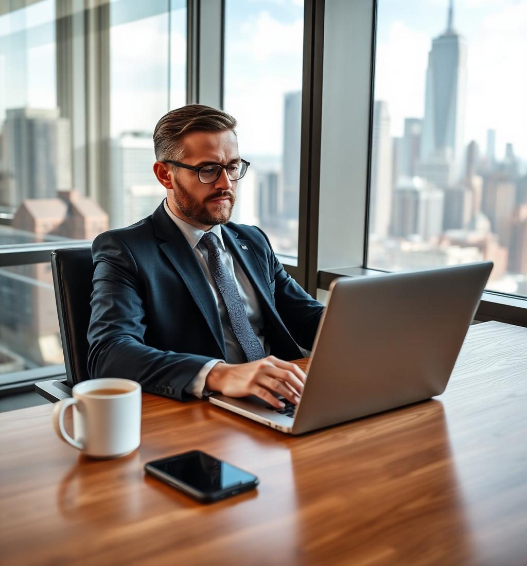 A professional working at a desk by a city-view window